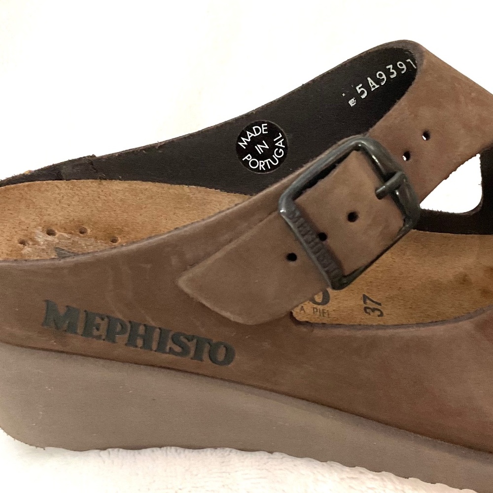 Mephisto Brown Nubuck Leather Terie Wedge Double Buckle Strap Slip on Sz 7/37 - Picture 7 of 16